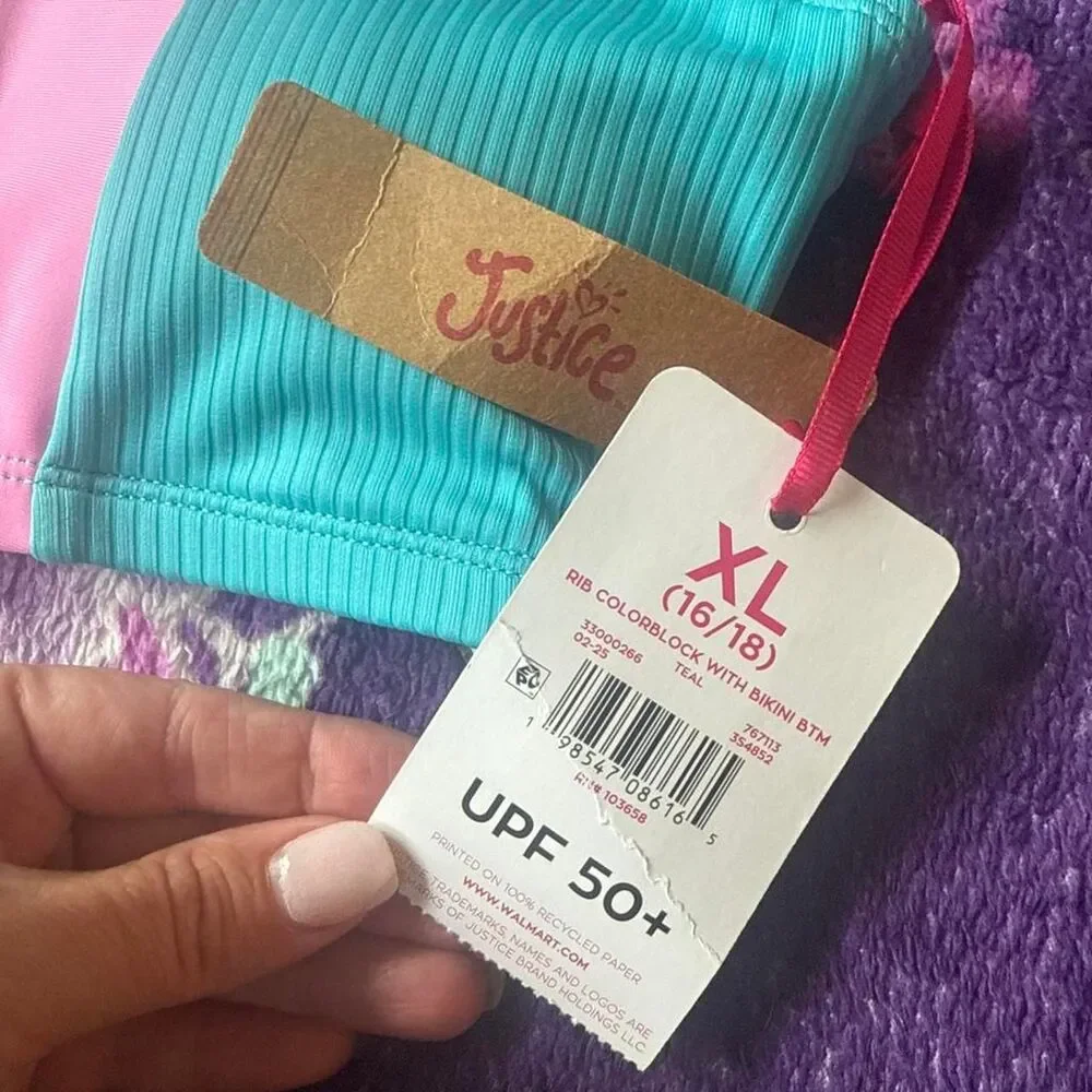 Justice pink and teal color-blocked zip-up bathing suit for kids in XL